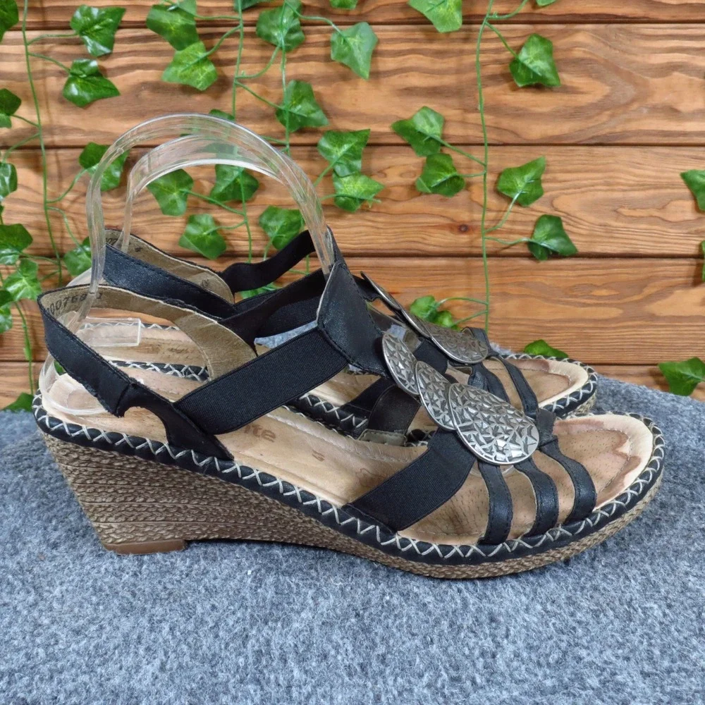 Remonte R600768 Womens Wedge Sandals Sz 41 Dressy Summer Black Leather Metallic